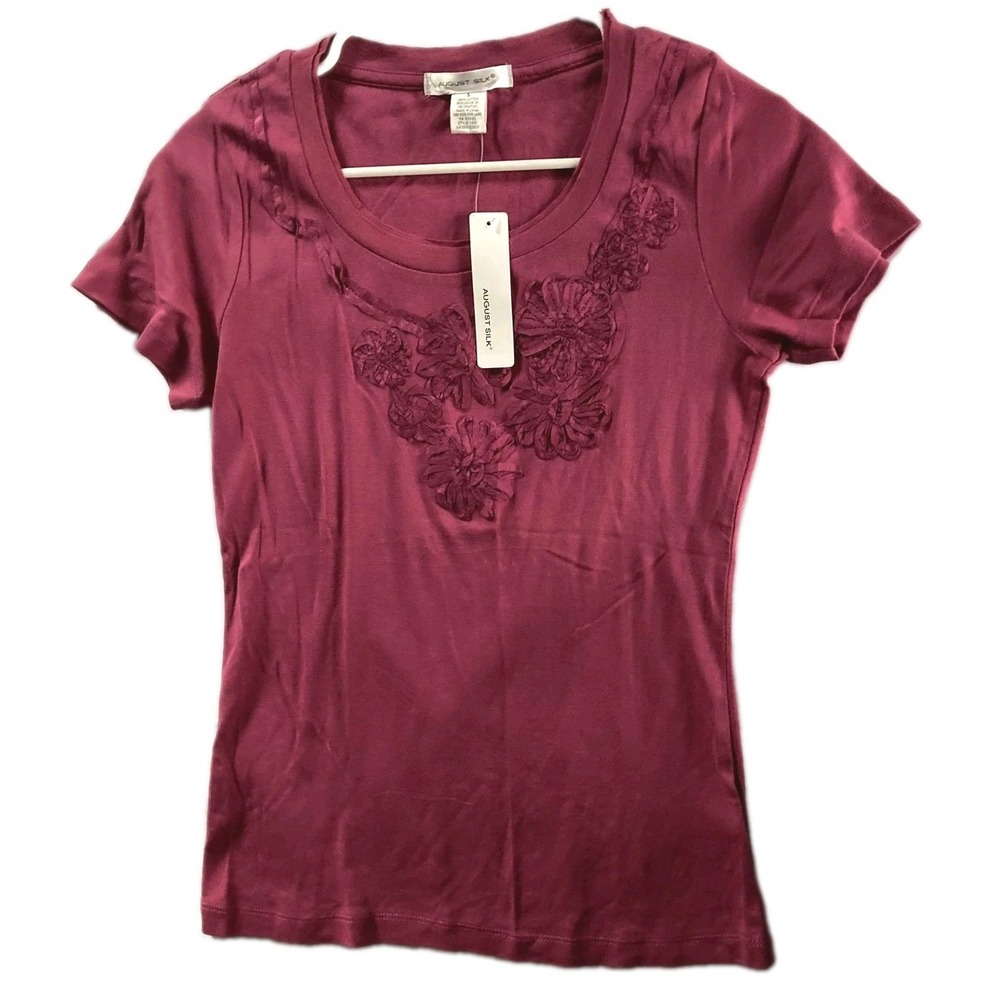August Silk Shirt Womens S Plum Spice Floral Applique Scoop Neck Cotton NWT